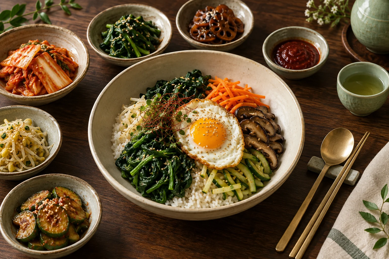도자기에 정갈하게 차린 비빔밥과 한식 반찬
